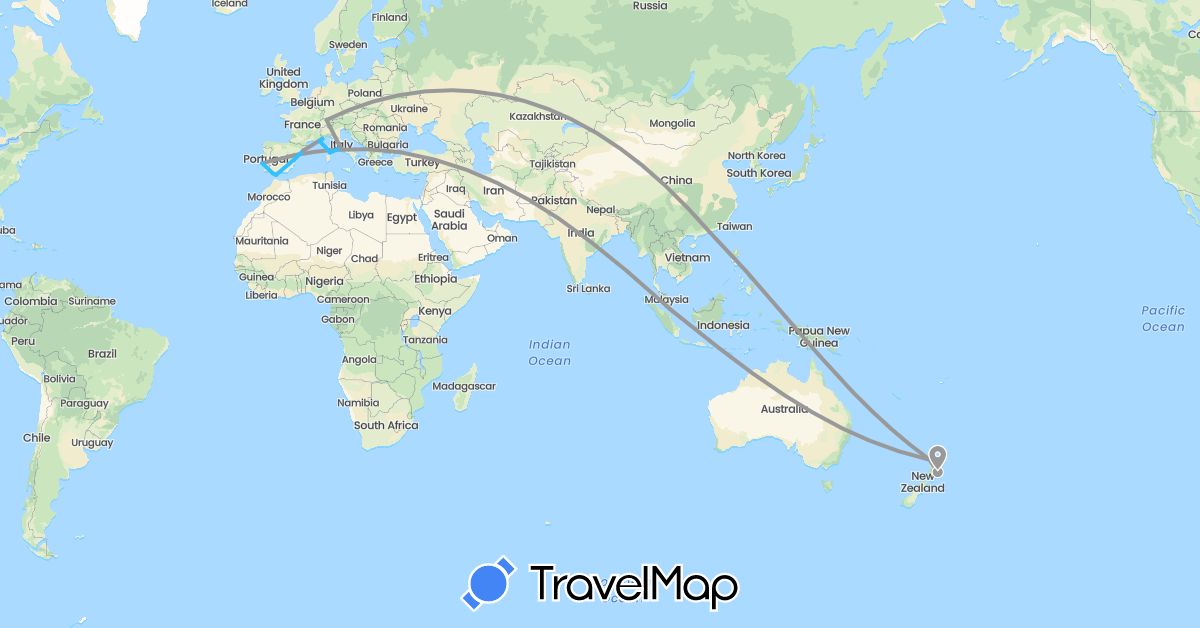 TravelMap itinerary: driving, plane, boat in Switzerland, China, Spain, France, Gibraltar, Italy, Monaco, New Zealand, Portugal, Singapore, Turkey (Asia, Europe, Oceania)